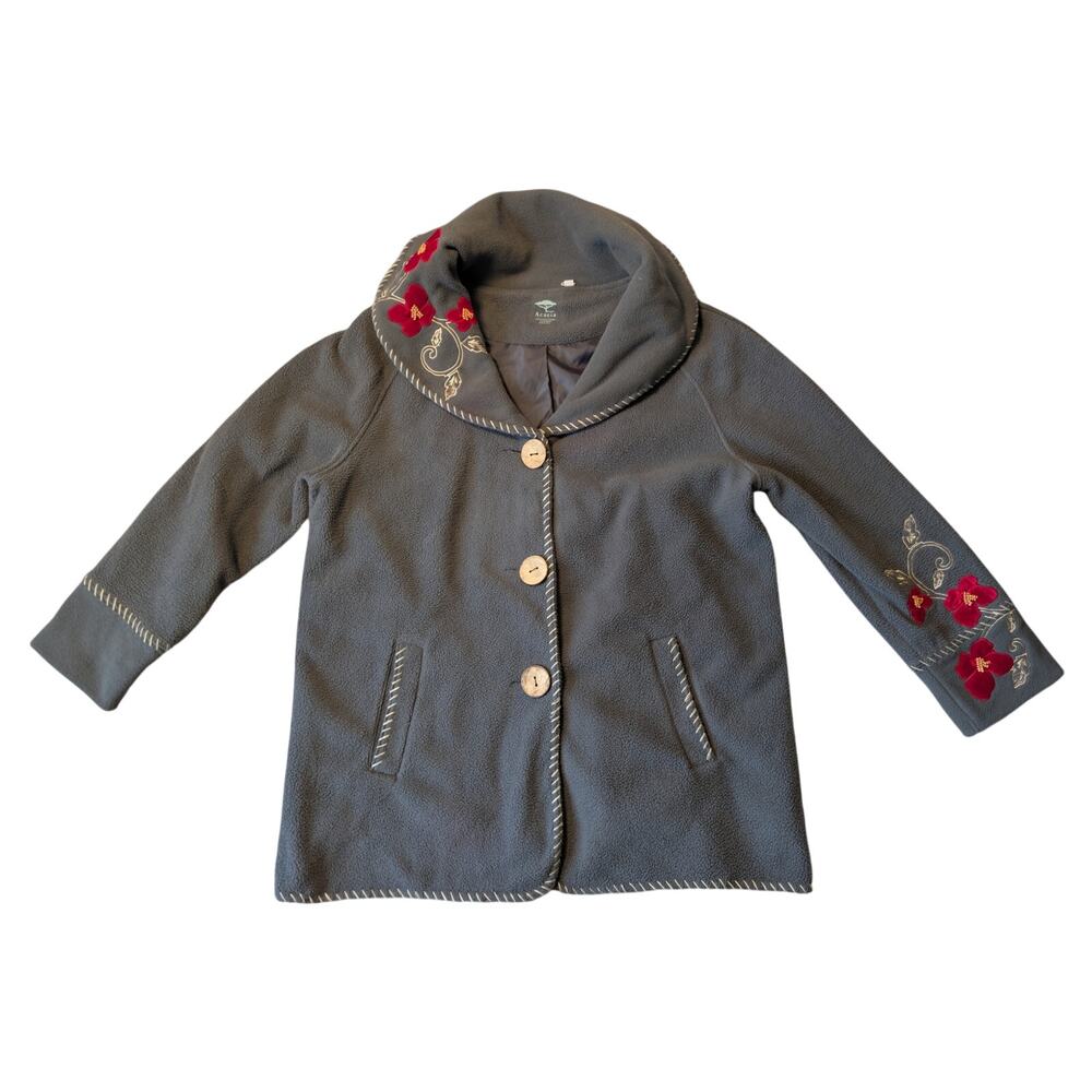 Acacia Womens Gray Floral Embroidered Button Front Fleece Jacket Coat Size Large